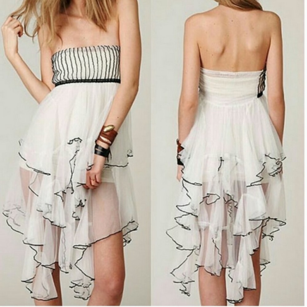 NWOT RARE FREE PEOPLE Cascading waterfall cream and dark brown/black trim dress